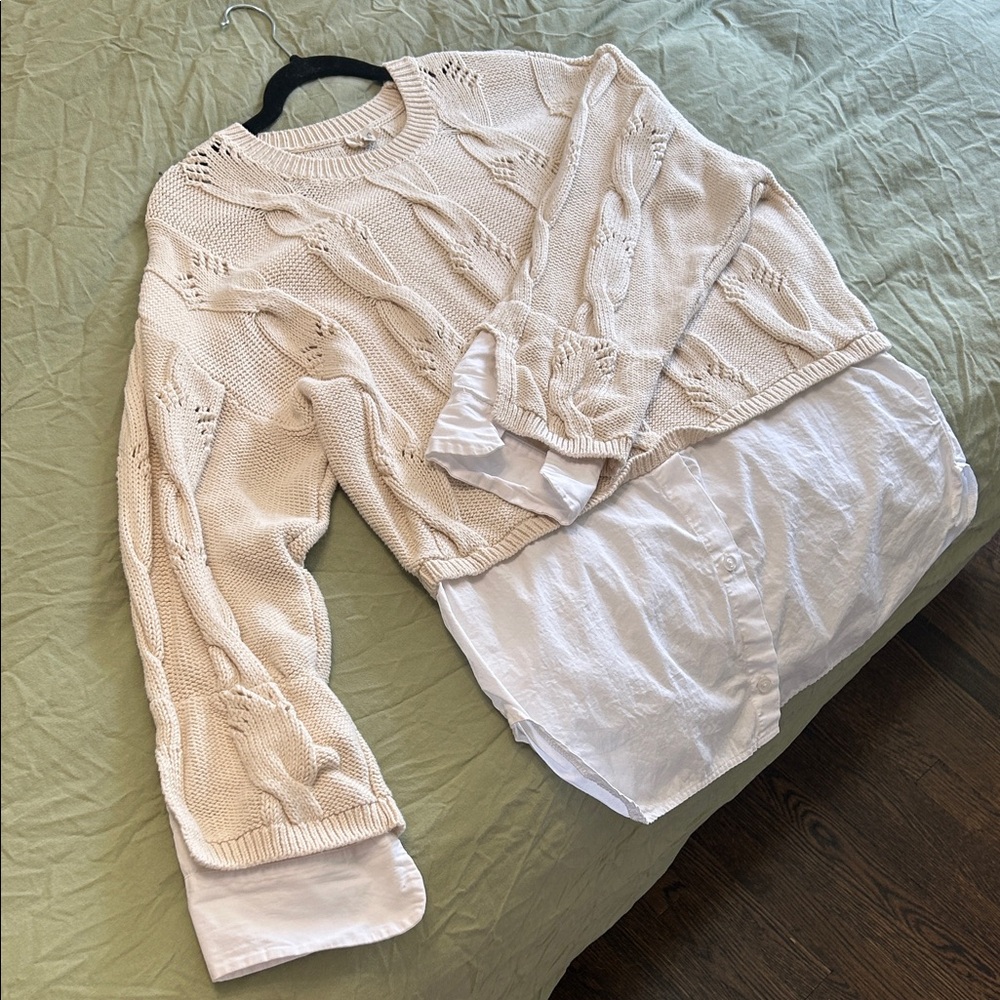 Pilcro Cream Cable-Knit Layered Sweater with White Shirt Hem